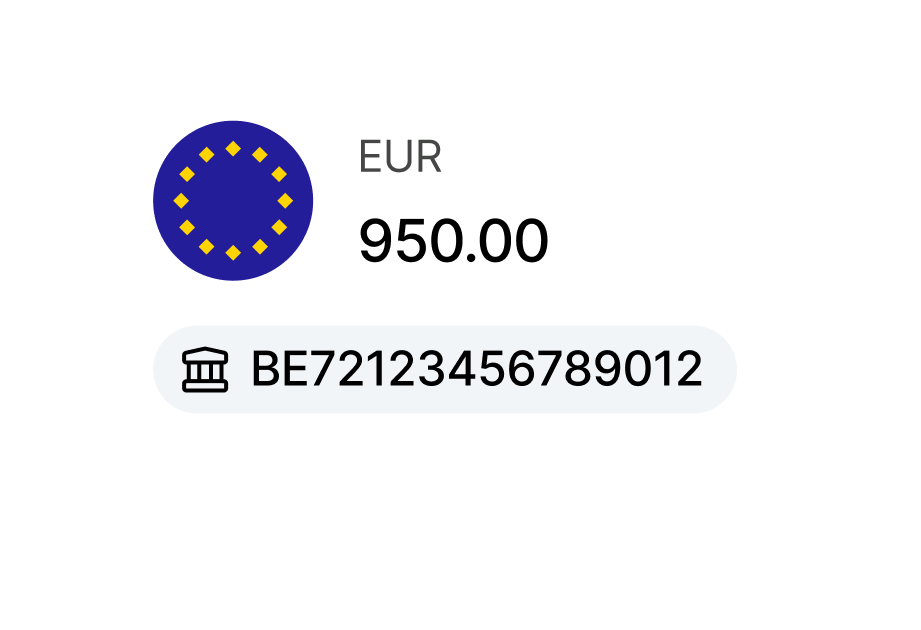 EUR balance card showing 950.00 with account number BE72123456789012
