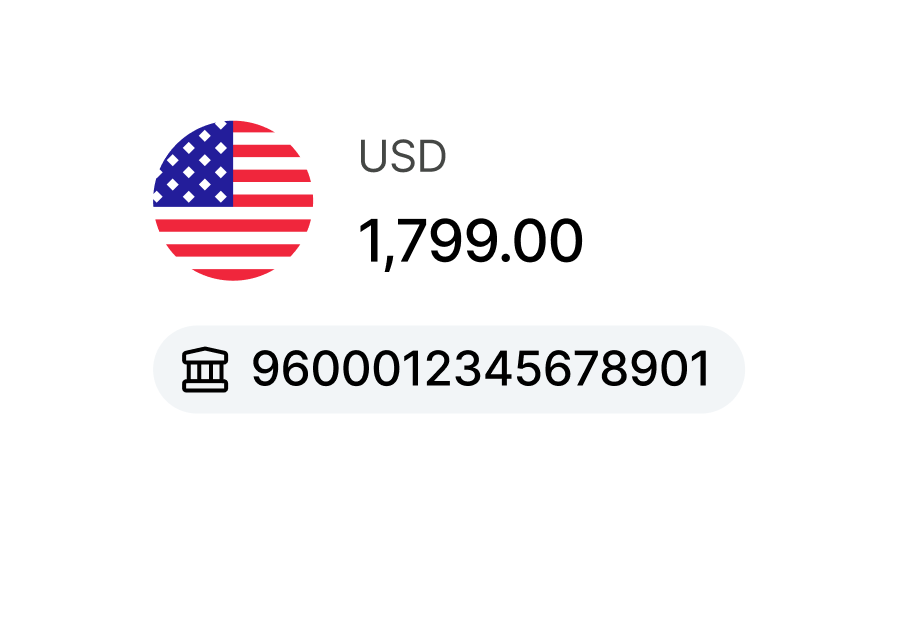 USD balance card showing 1,799.00 with account number 9600012345678901