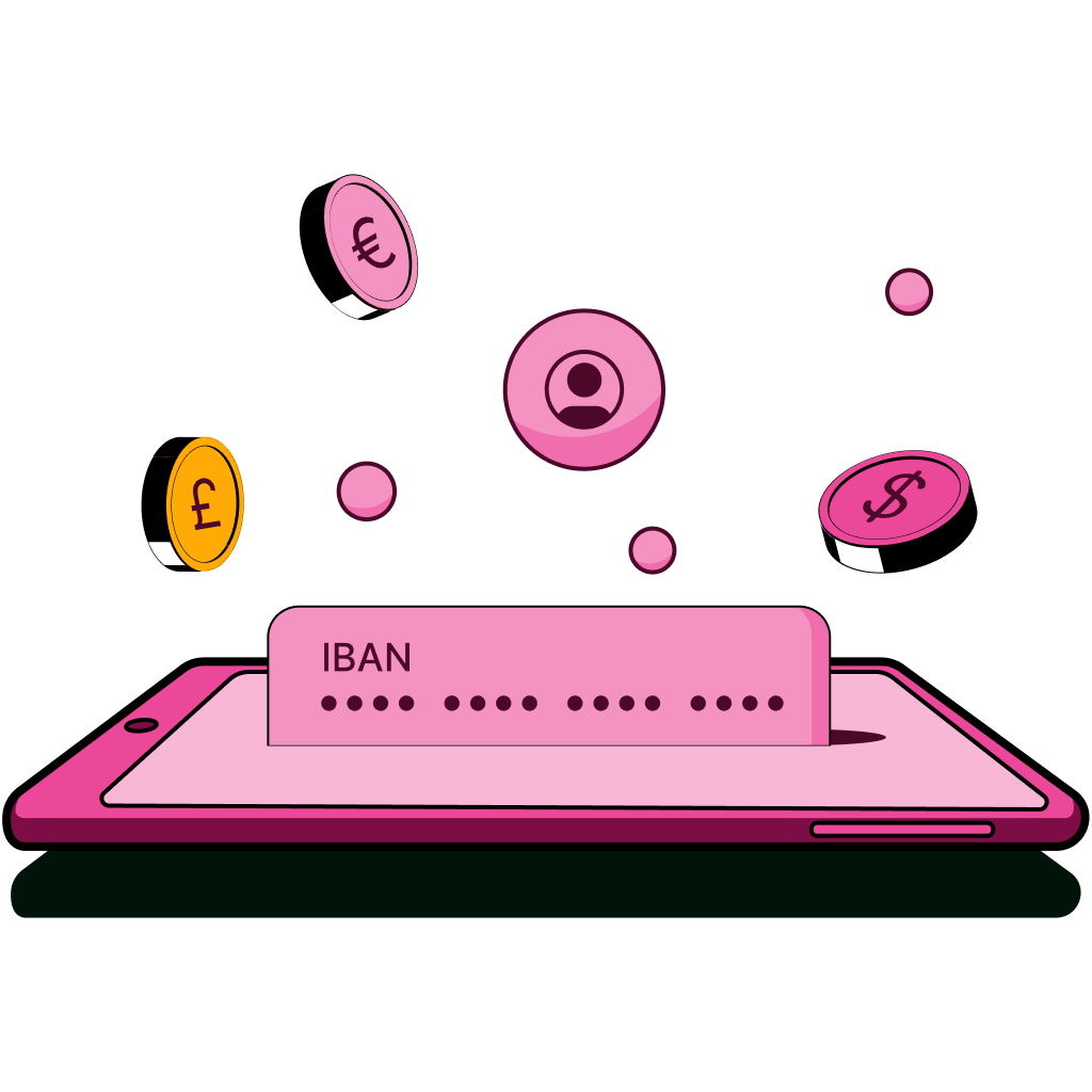Illustration of a phone entering an IBAN with floating currency coins