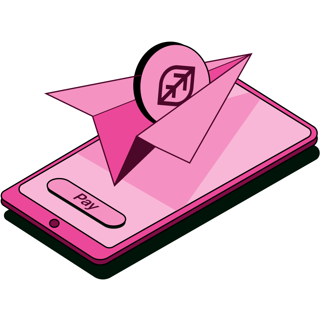 Illustration of a paper plane launching from a phone with a Pay button